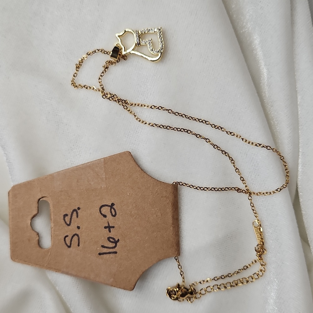 Stainless Steel Gold Tone Cat Heart Rhinestone Pendant Necklace 16 Inches NWOT - Picture 5 of 5